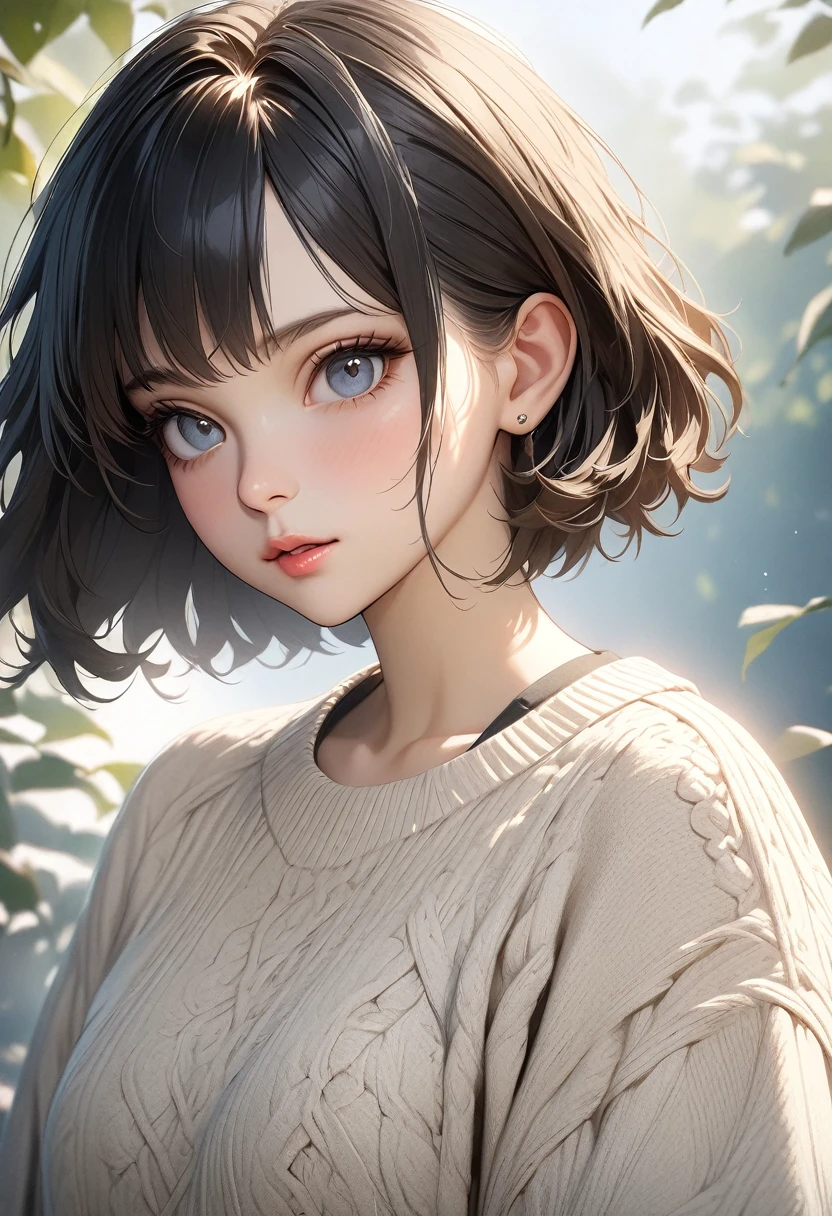 (masterpiece:1.3), (8K, Realistic, RAW Photos, Highest quality: 1.4), (One girl), Beautiful Face, (Realistic Face), (Black Hair, short hair:1.3), Beautiful hairstyle, Realistic eyes, Beautiful attention to detail, (Realistic Skin), Beautiful Skin, (sweater), Absurd, Charm, Ultra-high resolution, Ultra-realistic, Very detailed, Golden Ratio