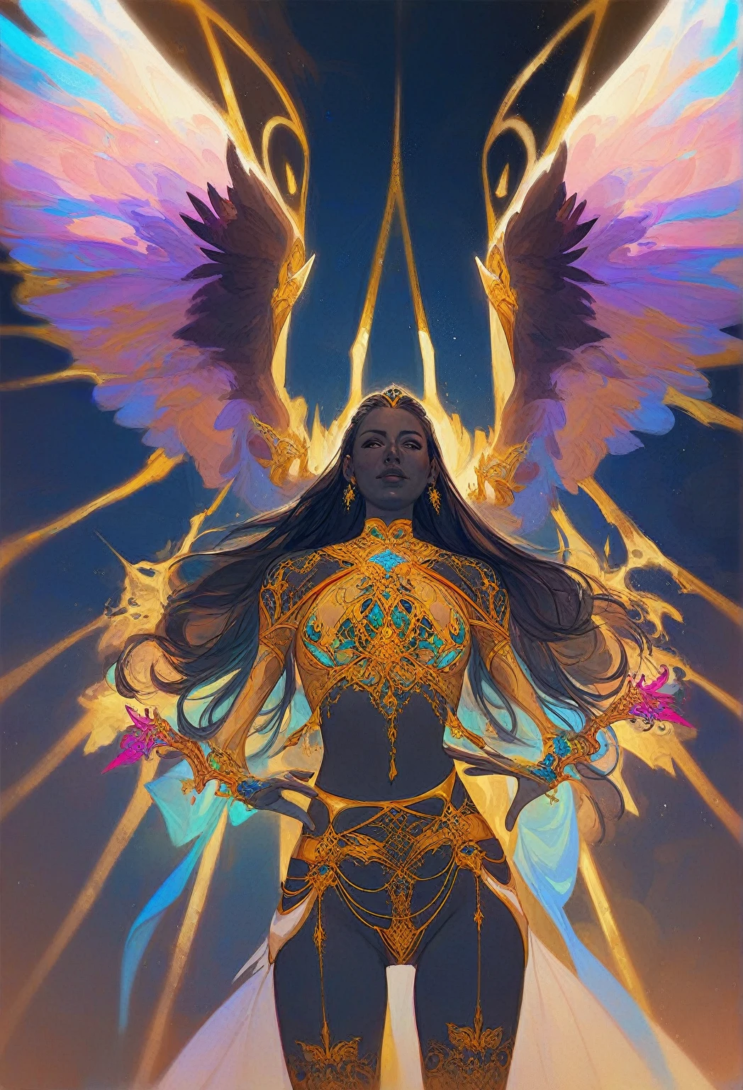 score_9, score_8_up, score_7_up, woman, black skin, intricate, gold trim, fringe, wings, otherworldly, ceremonial outfit, Crystaline Peaks, snake, vibrant, high contrast, (atmospheric perspective:1.4) d4rk01l