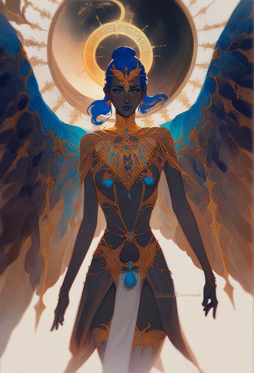 score_9, score_8_up, score_7_up, woman, black skin, intricate, gold trim, fringe, wings, otherworldly, ceremonial outfit, Crystaline Peaks, snake, vibrant, high contrast, (atmospheric perspective:1.4) d4rk01l