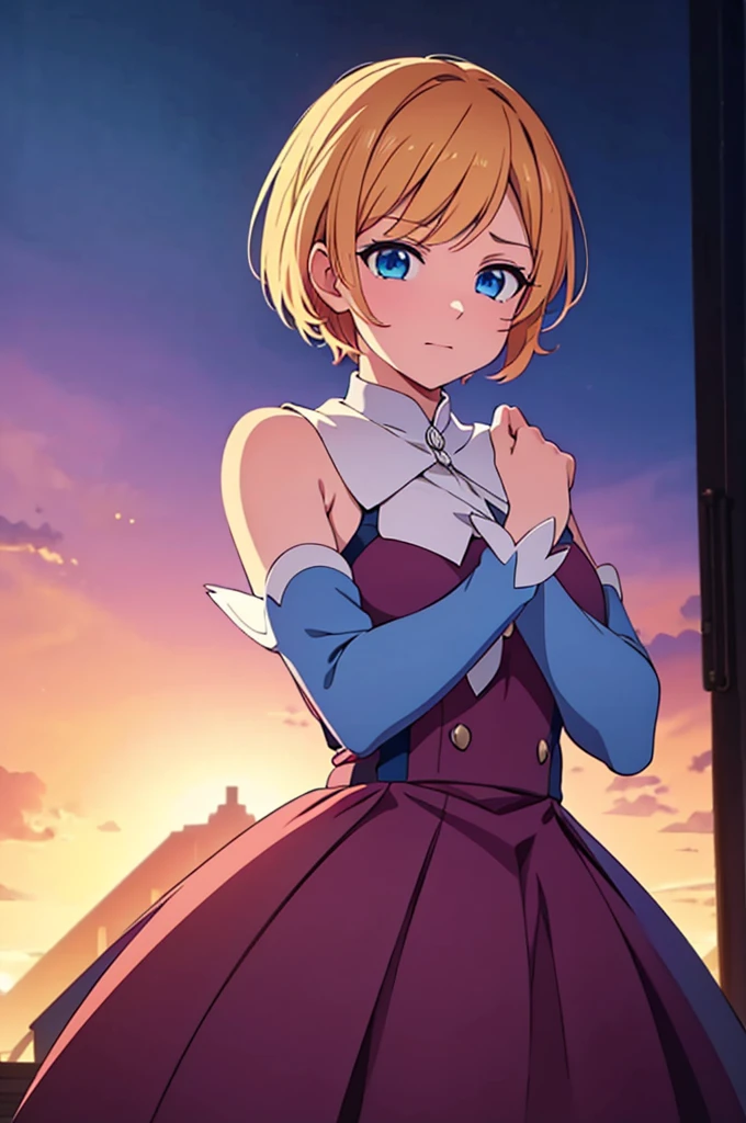 a tomboyish magical girl, short blond hair styled in a boyish cut, beautiful detailed blue eyes, wearing a magical girl outfit with a slightly masculine touch, looking embarrassed at the viewer, (best quality,4k,8k,highres,masterpiece:1.2),ultra-detailed,(realistic,photorealistic,photo-realistic:1.37),intricate details, detailed facial features, dynamic pose, cinematic lighting, vibrant colors, fantasy,concept art