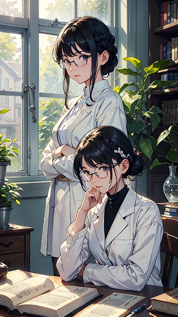 (highest quality、masterpiece、High resolution)、(Sargent style watercolor)、(anime art)、soft light、((1 woman))、((looking at documents))、17 years old、18-year-old、medium short hair、semi-long、hair up、black hair、dark brown hair、braided hair、glasses、detailed depiction of the face、small breasts、uniform、long skirt、((wearing a white coat))、White blouse and long skirt、Institute of Earth Sciences、Mineral Marker Book、Insect Label Book、Fossil Mark Book、標Book shelf、Book、Book shelf、microscope、Laboratory instrument、Test tube、beaker、flask、Alcohol lamp、Labware、florals、vase、window、Foliage plant、 blur the background、