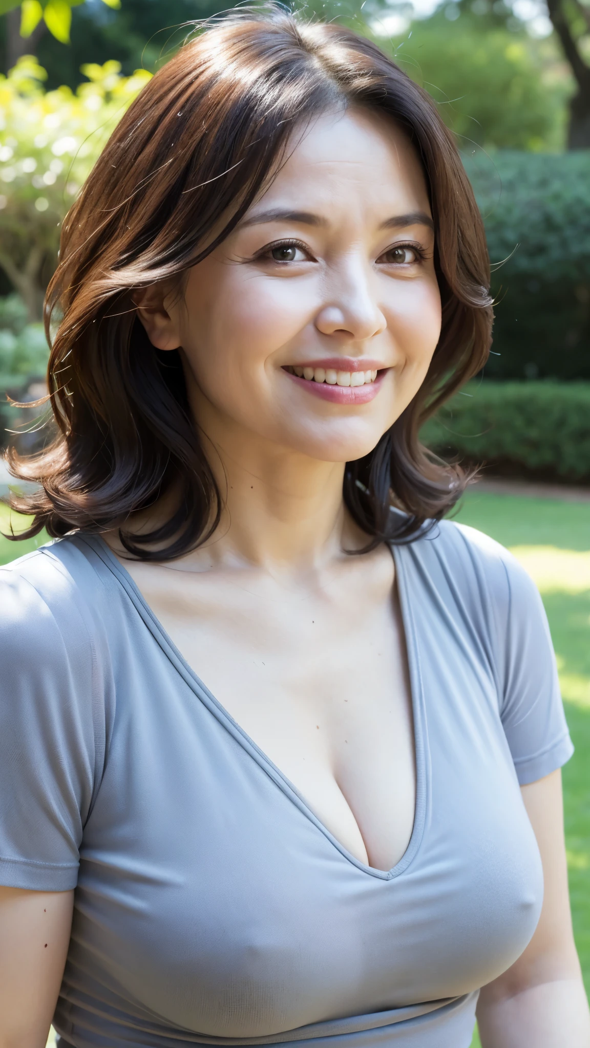 Best quality, 8K, masseter, realistic, sharp focus, high quality, high resolution, detailed face, detailed eyes, thick lips, background blur, solo, middle-aged woman, 55 years old, wavy hair, cleavage , afternoon in the park in front of the garden, wrinkles around the eyes, toothy smile, nipples