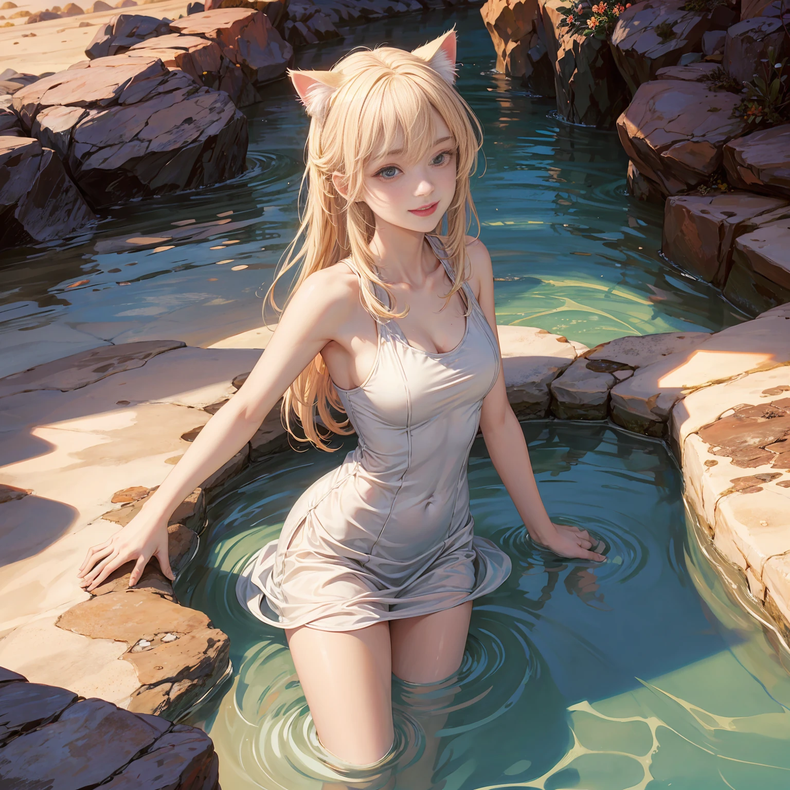 A girl with cat ears and blonde long hair,At midday, strong sunlight blazes down on the desert.
BREAK
At an oasis, a woman is joyfully playing in the water, smiling.
BREAK
She seems to forget the heat, filled with enjoyment.