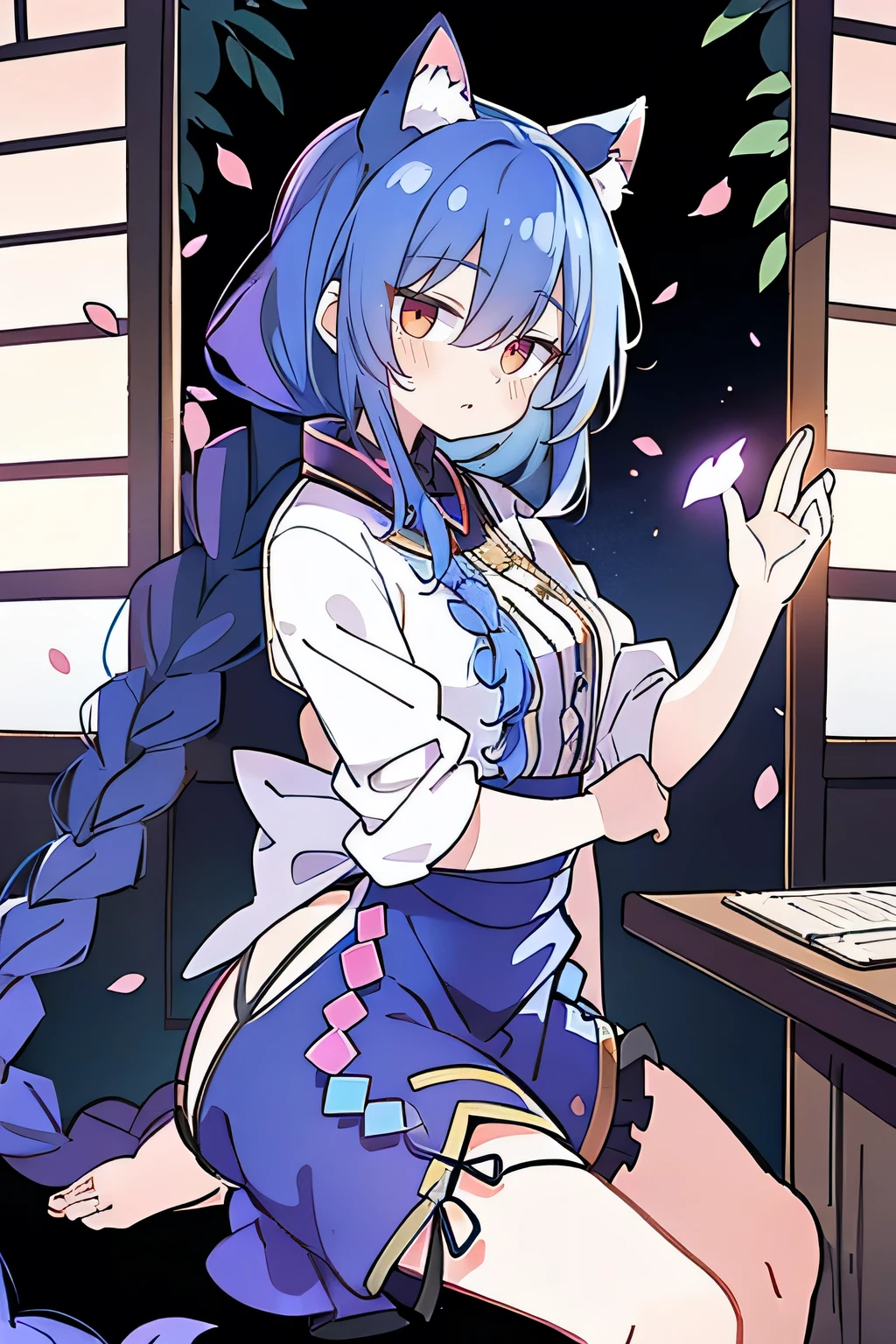 (masterpiece:1.2),Super detailed,lifelike,Expressive eyes,fair skin,perfect face shape,1 girl,
Japanese comics,Gorgeous blue hair,flowing blue hair,flowing clothes,Cat ears,Petals fall,beautiful lola,Baby Angel,
Shaking head with one hand,Cross your legs,Gentle and peaceful background,The pavilion is cool and comfortable,smile, wearing hoodie, background of tokyo,back views.fgo style,like \(destiny\), like Adult, hair length, underwear, masterpiece, Top quality, 1 Girl, looking at the audience,(((braid)))、shameful face、Embarrassed face、Long body、huge 、