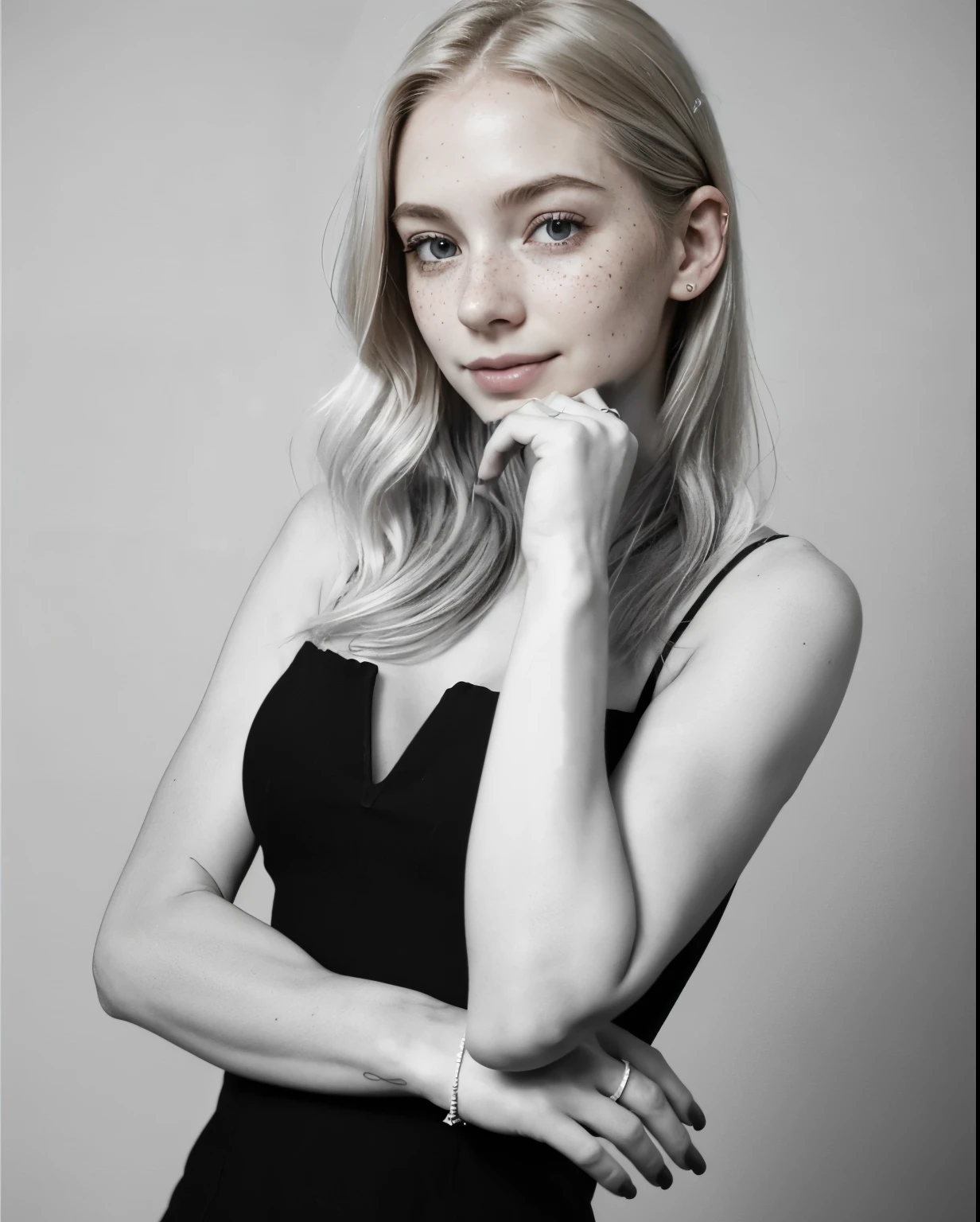 a one woman, americana, age 25, pale skin and freckles, gray eyes, delicate nose, soft and delicate lips, far away, cabelo blondie far away e ondulado na altura da cintura, sweet smile, face with delicate feminine facial features, highly rendered