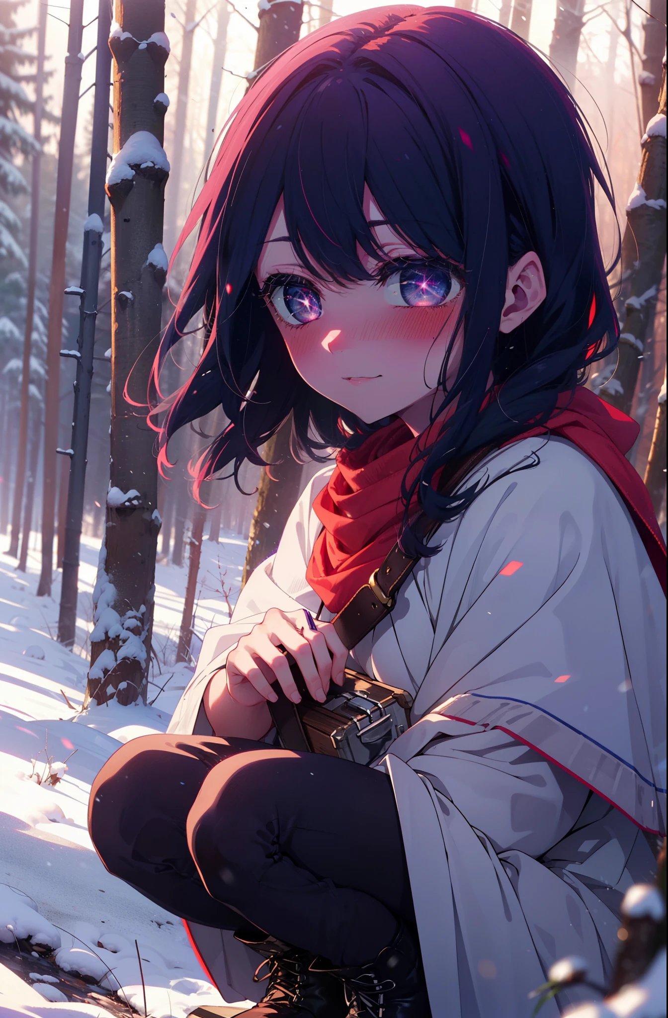 aihoshino, Ai Hoshino, Long Hair, bangs, (Purple eyes:1.1), Purple Hair, (Symbol-shaped pupil:1.5), smile,,smile,blush,White Breath,
Open your mouth,snow,Ground bonfire, Outdoor, boots, snowing, From the side, wood, suitcase, Cape, Blurred, , forest, White handbag, nature,  Squat, Mouth closed, Cape, winter, Written boundary depth, Black shoes, red Cape break looking at viewer, Upper Body, whole body, break Outdoor, forest, nature, break (masterpiece:1.2), Highest quality, High resolution, unity 8k wallpaper, (shape:0.8), (Beautiful and beautiful eyes:1.6), Highly detailed face, Perfect lighting, Highly detailed CG, (Perfect hands, Perfect Anatomy),