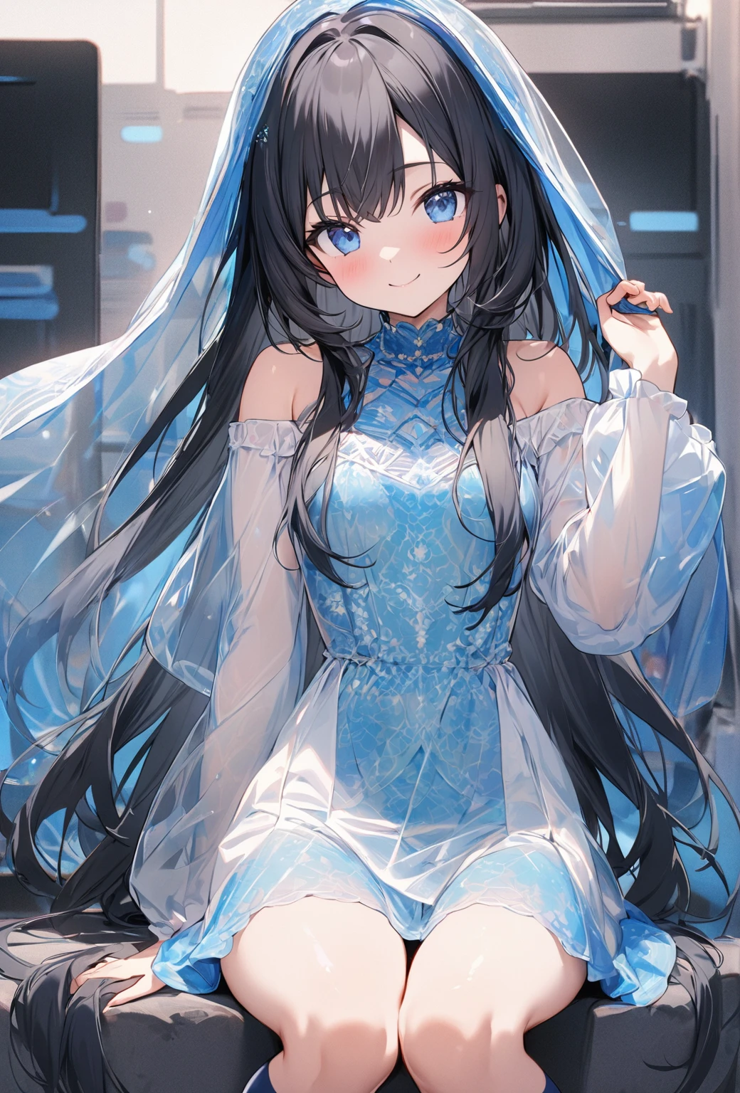 ((Highest quality)), ((masterpiece)), ((Very detailed)), (Very mature),A cute, gentle-looking woman with black hair and about 165cm tall.,A female high school student with a cute smile and small breasts wearing a transparent blue waifus with a cute patterned hood and bare shoulders, alone, Cute attitude,(background(bright),Long Hair - Straight,Knee-high socks、A transparent blue veil with a cute pattern and white hood with off-the-shoulder sleeves,White wall、Sitting、Facing the viewer、縁に模様がある壁が1面のbackground
