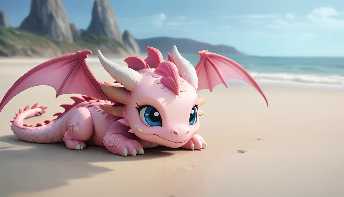 masterpiece,high quality,monster,solo,dragon ,(chibi:1.3),pink body,pink dragon,horns,wings,lying on the ground,injured,unhappy,looking forward,looking sideways,head focus,poor,seaside,beach,blue sky,landscape,(non-human:1.2),lying,frustrated_brow,annoyed,frustrated,on stomach,