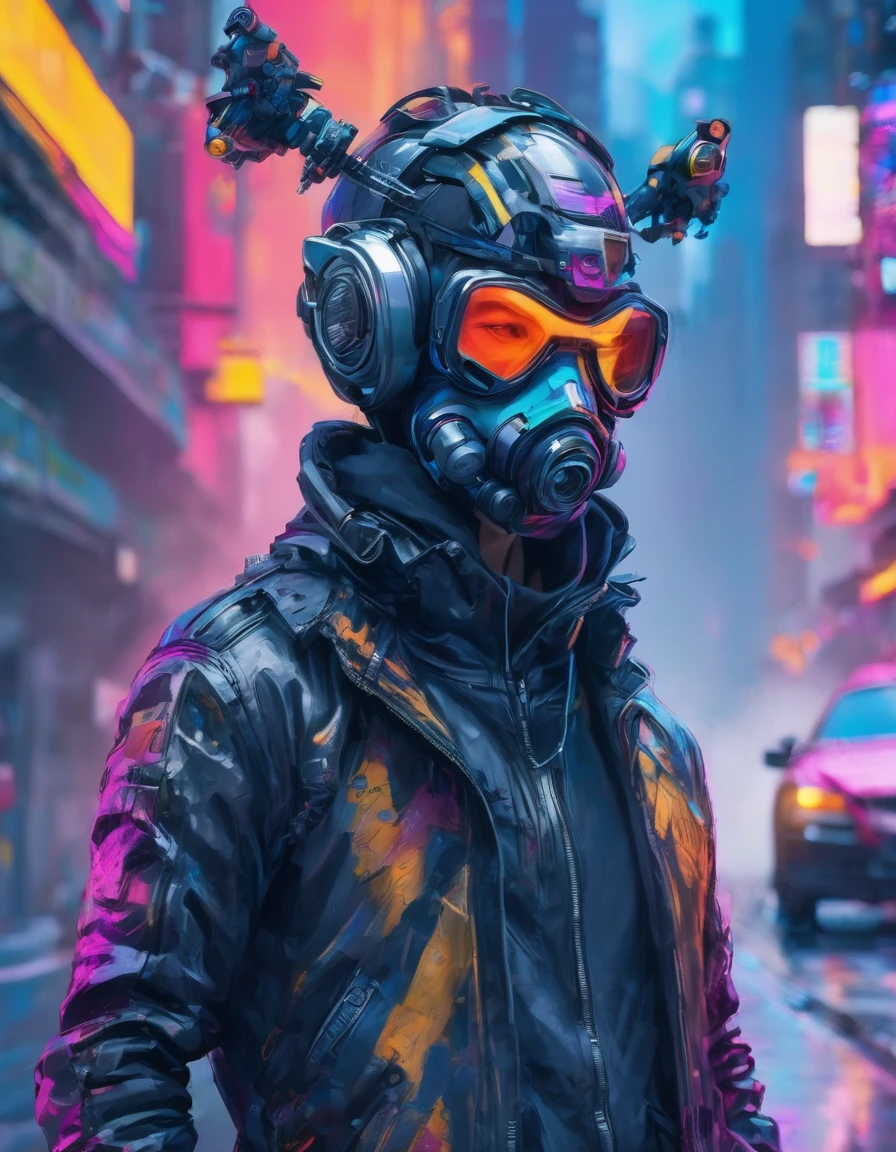 a detailed cypunk badass man ((wearing a drone mask headpiece)), leaning against the wall pose on a futuristic street beside a traffic light , ((holding a smoke)) with a vibrant color , high clarification , refined quality , high definition , super fine detailed ,clear details in 32k resolution