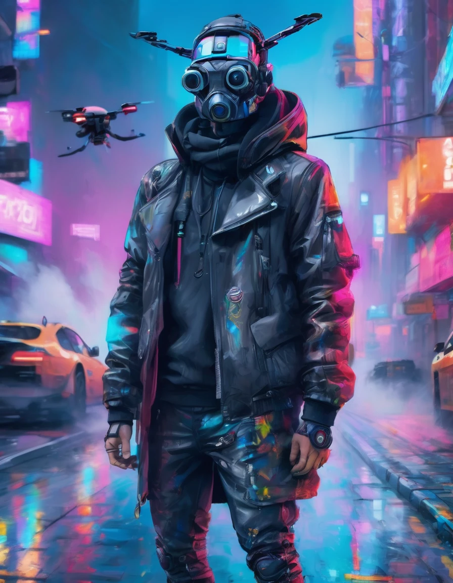 a detailed cypunk badass man ((wearing a drone mask headpiece)), leaning against the wall pose on a futuristic street beside a traffic light , ((holding a smoke)) with a vibrant color , high clarification , refined quality , high definition , super fine detailed ,clear details in 32k resolution