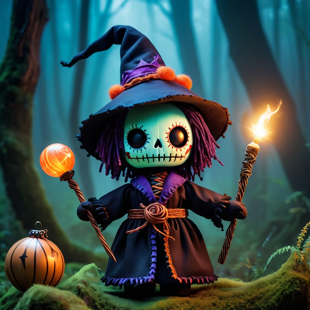 (knitted toy voodoo doll:1.2), (Voodoo Sorcerer:1.3), (Clothing: Long robe, witch hat, magic wand:1.0), (against the background of the Enchanted Forest, glowing spheres and mystical fog:1.2), best quality, masterpiece, detailed soft oil painting, detailed background, dramatic cinematic lighting, soft edge lighting, professional, dramatic lighting, hard edge lighting, ultra quality, 4k, masterpiece, best quality, 8k, ultra high definition, high resolution, extremely detailed