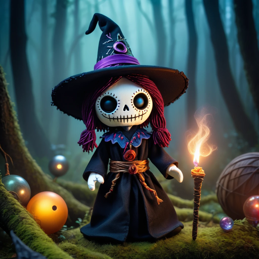 (knitted toy voodoo doll:1.2), (Voodoo Sorcerer:1.3), (Clothing: Long robe, witch hat, magic wand:1.0), (against the background of the Enchanted Forest, glowing spheres and mystical fog:1.2), best quality, masterpiece, detailed soft oil painting, detailed background, dramatic cinematic lighting, soft edge lighting, professional, dramatic lighting, hard edge lighting, ultra quality, 4k, masterpiece, best quality, 8k, ultra high definition, high resolution, extremely detailed