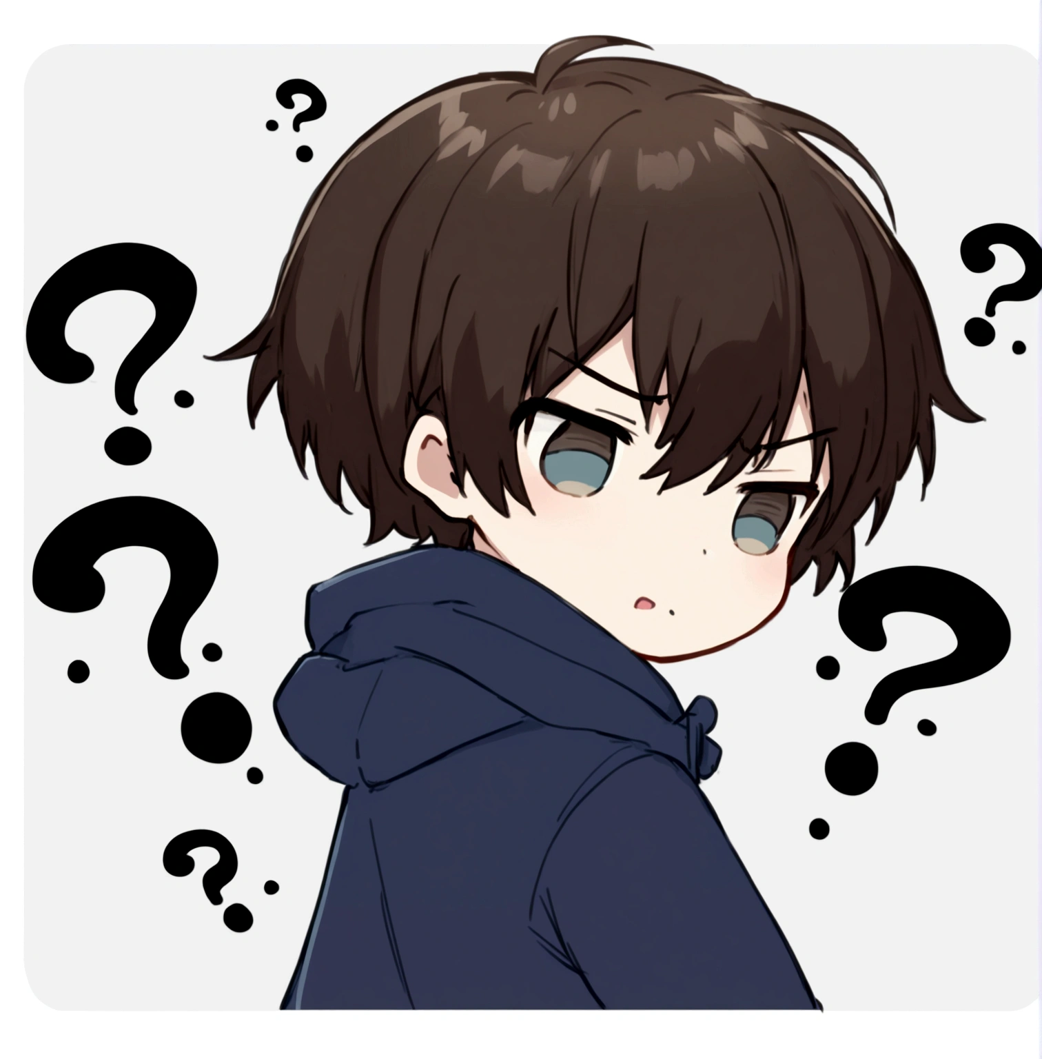 A handsome and cute young boy with a blue hoodie looking back confused expression 