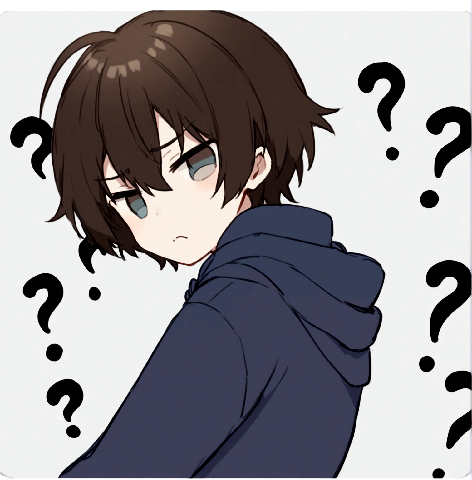 A handsome and cute young boy with a blue hoodie looking back confused expression