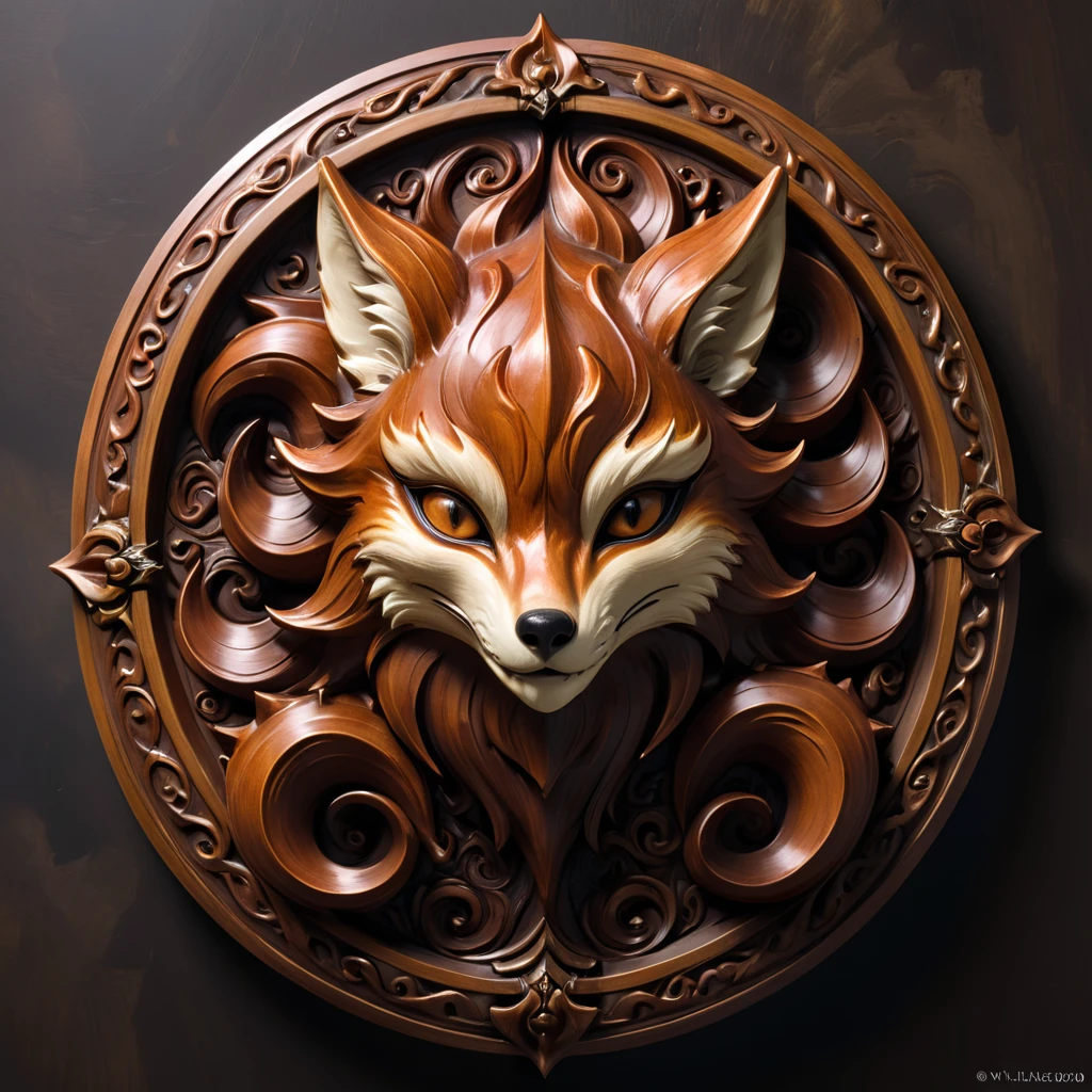 Jiǔwěi Liánméng's plaque is made of finely detailed carved mahogany, dark brown in color with a glossy lacquer finish. In the center of the plaque is a carved fox face with nine tails curled around the face. Each tail has a different carved detail, and the fox's eyes are bright gold. This plaque symbolizes the wisdom, strength and ingenuity of the nine-tailed fox demon.