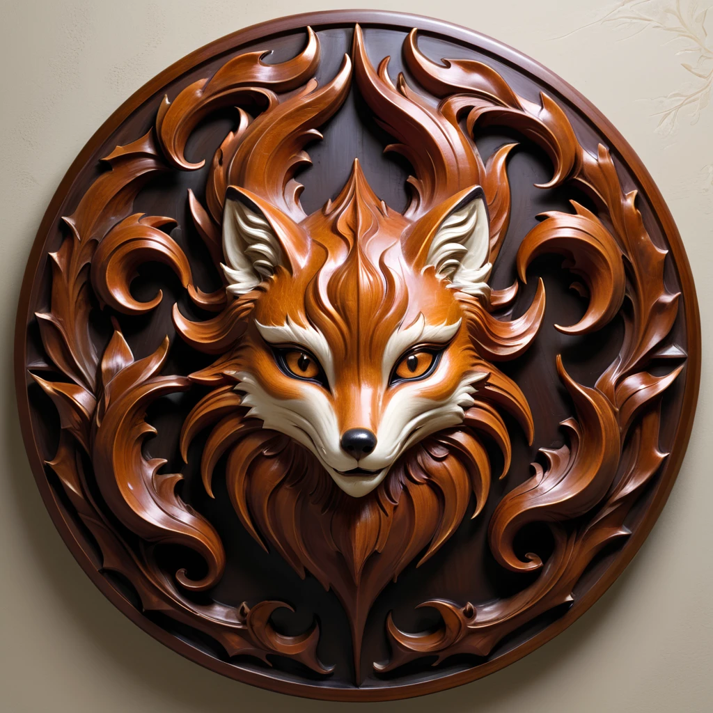 Jiǔwěi Liánméng's plaque is made of finely detailed carved mahogany, dark brown in color with a glossy lacquer finish. In the center of the plaque is a carved fox face with nine tails curled around the face. Each tail has a different carved detail, and the fox's eyes are bright gold. This plaque symbolizes the wisdom, strength and ingenuity of the nine-tailed fox demon.