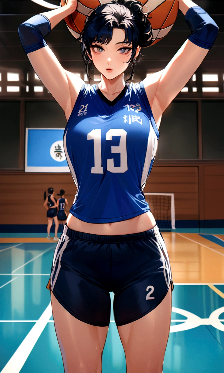 arafed woman in a blue  posing for a picture, wearing a volleyball jersey, San Yun-ju, Sports bra and dark blue shorts, volleyball, Indoor shooting, sporty physique, Dark blue leotard costume, Wearing a basketball jersey, Jaeyoung Nam, Shin Min-jung, Choi Hong-hwa, sporty, Sports bra and shirt, Shin Jinyoung