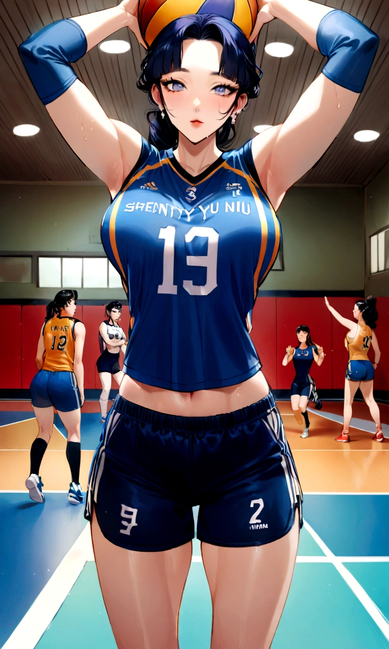 arafed woman in a blue  posing for a picture, wearing a volleyball jersey, San Yun-ju, Sports bra and dark blue shorts, volleyball, Indoor shooting, sporty physique, Dark blue leotard costume, Wearing a basketball jersey, Jaeyoung Nam, Shin Min-jung, Choi Hong-hwa, sporty, Sports bra and shirt, Shin Jinyoung