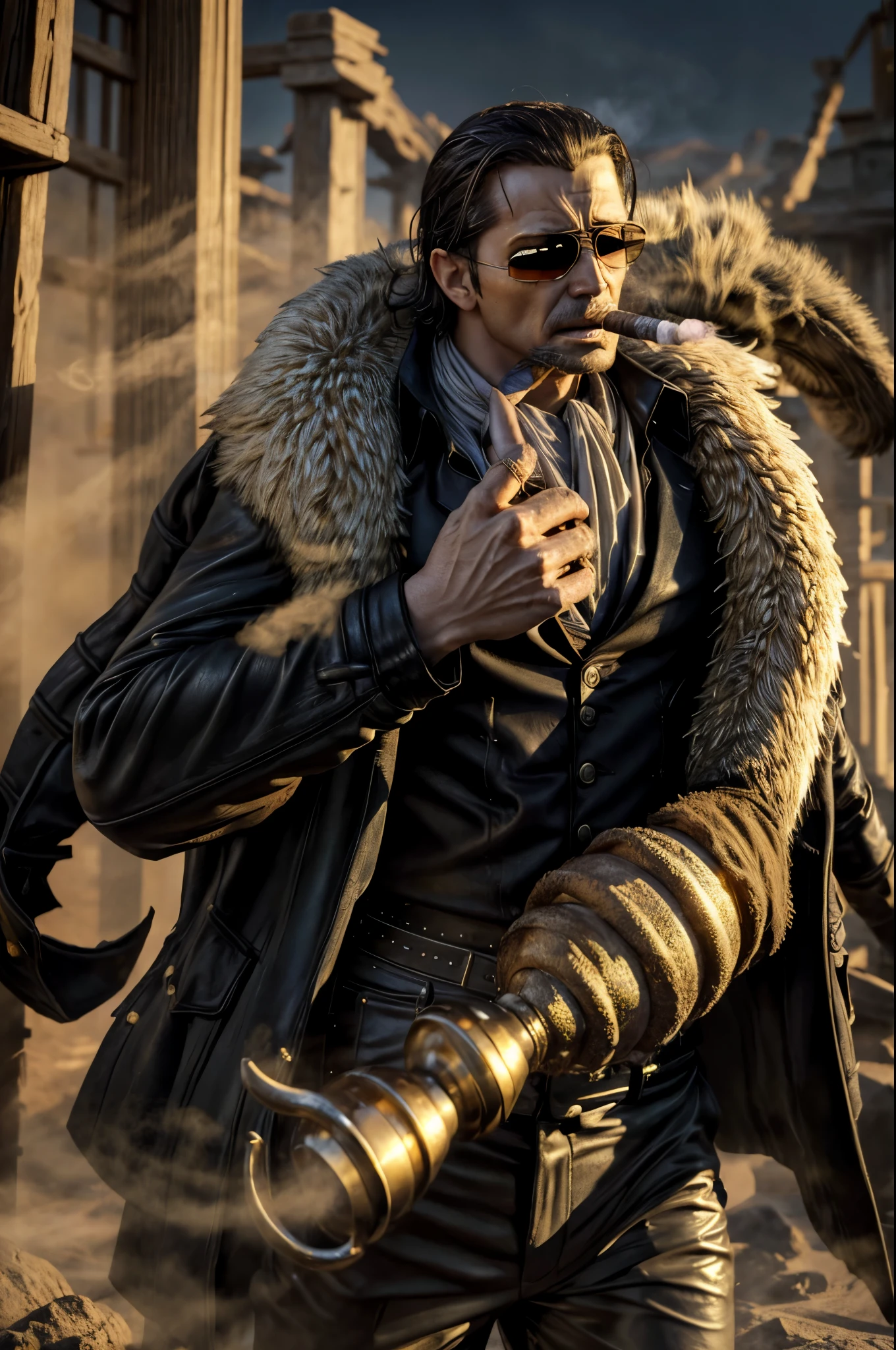 masterpiece, best quality, extremely detailed, hyperrealistic, photorealistic, a cool 40s man, ultra detailed face:1.2, fur-trimmed coat, scarf around the neck, his left hand is a golden pirate hook:1.1, smoking, cigar, outraged:1.1, desert, nightmarish, mystical fog, smoke, in the night, sunglasses, piles of weapons, dancing, dynamic angle