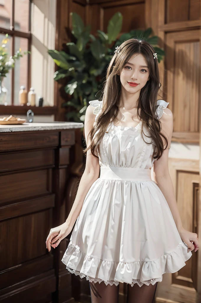 (((best quality))),(((ultra detailed))),(((masterpiece))),illustration,1girl,maid cafe,stunningly beautiful,slim,medium straight bob hair,flat chest,deep captivating eyes,maid costume,white lace apron,bare arms,arms behind back,slender legs,pantyhose,graceful movements,confident charm,warm genuine smile,France cafe,sliding paper doors,delicious coffee pastries,warm inviting atmosphere,joyful eyes,Coffee Machine,upper body