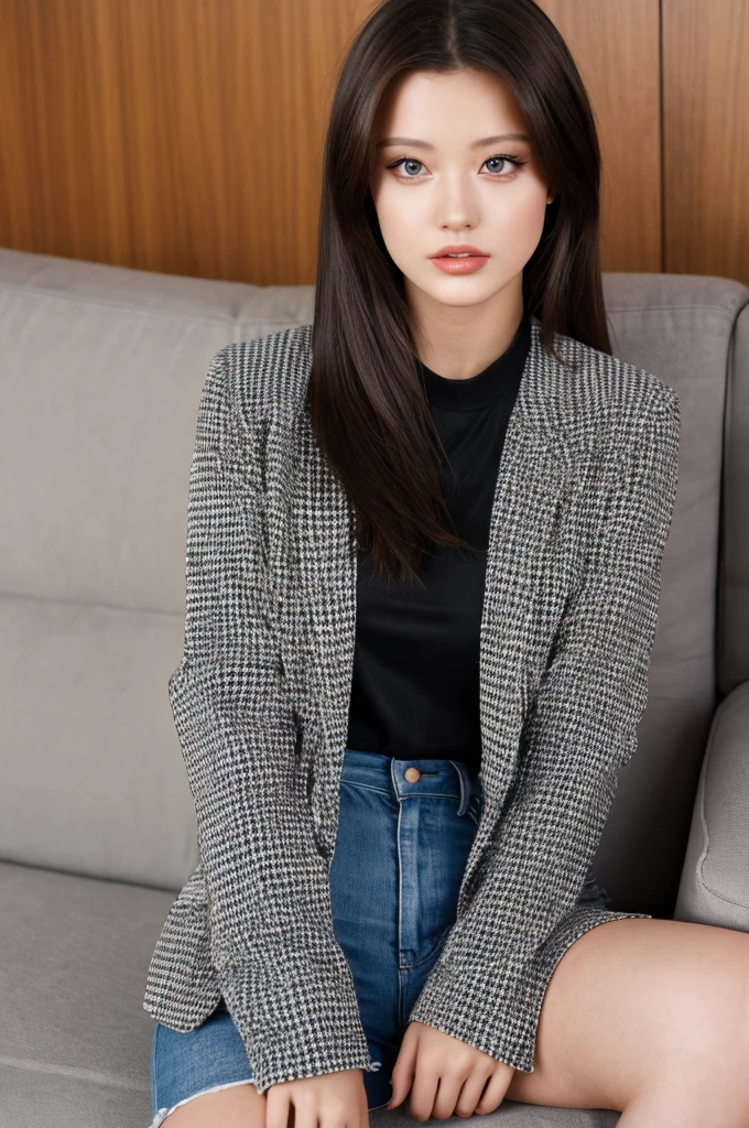 a 20 year old actress is the most beautiful woman in the world, her face is the prettiest, blazer is worn with shirt on her upper body, her vagina between opened legs, two pairs of labia under a clitoris, her pubic hair, she is sitting on a couch, nsfw, best quality, highly detailed, masterpiece, ultra high res, photo realistic, 8k