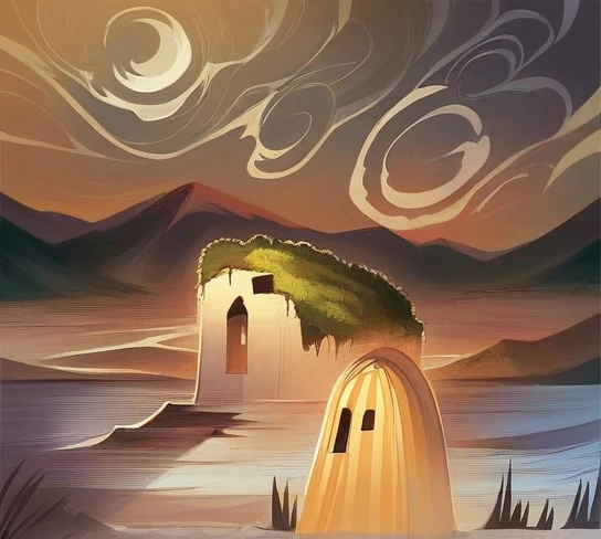 The painting style is quiet and the lights are yellow. The houses are nestled among the distant mountains, and the willows in the courtyard sway in the wind. Several layers of light red curtains add a bit of mystery to the deep scenery, the woman is alone, her long hair is scattered at will, and her figure is looming, with a faint smile.