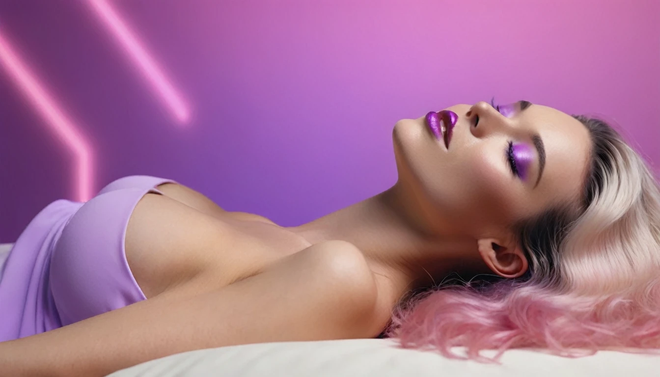 squirting naked blackhair woman with long hair laying on bed, she holds laptop in her hands, open mouth, glowing with pink and purple colours, hair floating covering chest, wavy hair spread out, she is laying on her back, attractive neck, sensual woman, hands on face, laying on her back, pale skin curly blond hair, sensuality, fashion model face closed eyes, fashion model face, close up of a blonde woman, she is having orgasm, minimalistic, in a light purple and pink style, with soft edges and blurred details, in the toycore style, with a 3D render, on a colorful background, with a minimalist stage design, in a surreal style, with a cinema4D rendering, with a minimalist style, with low saturation, using gradient colors, with a cinema4D rendering, with a blender rendering, with super detail, at a super high resolution, at a super high definition