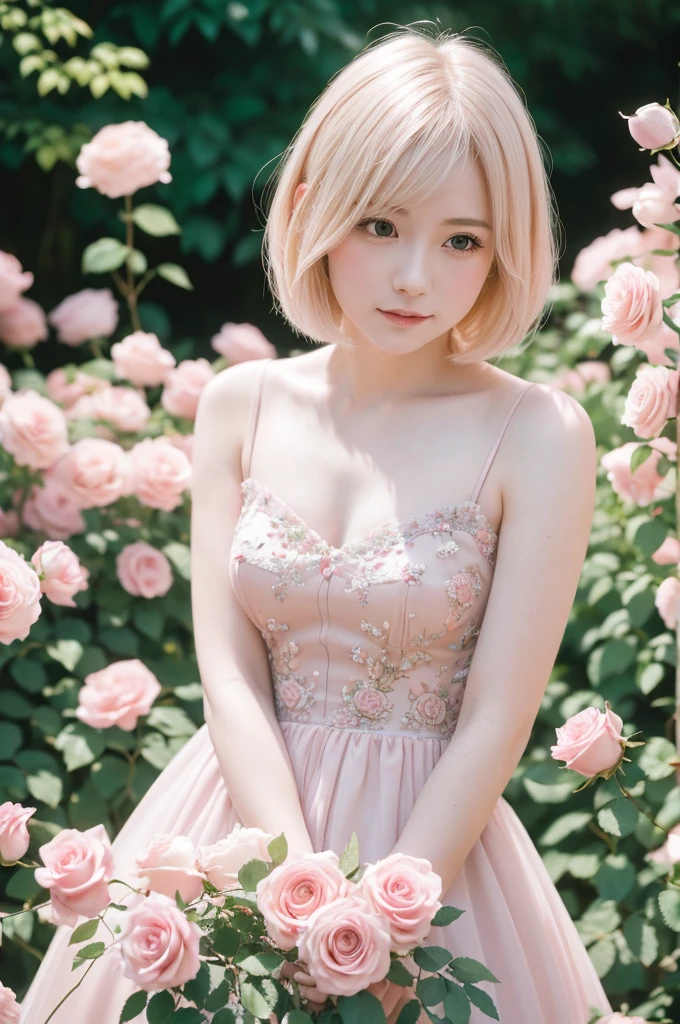 8K, RAW Photos, Fujifilm, Avril-like style photo of a beautiful young woman in a garden of pale pink roses (Highly detailed skin: 1.2) Style Petal Break Short Hair, Blonde and colored hair, Wearing a dress, Film Granulation, 35mm, Cute Style
