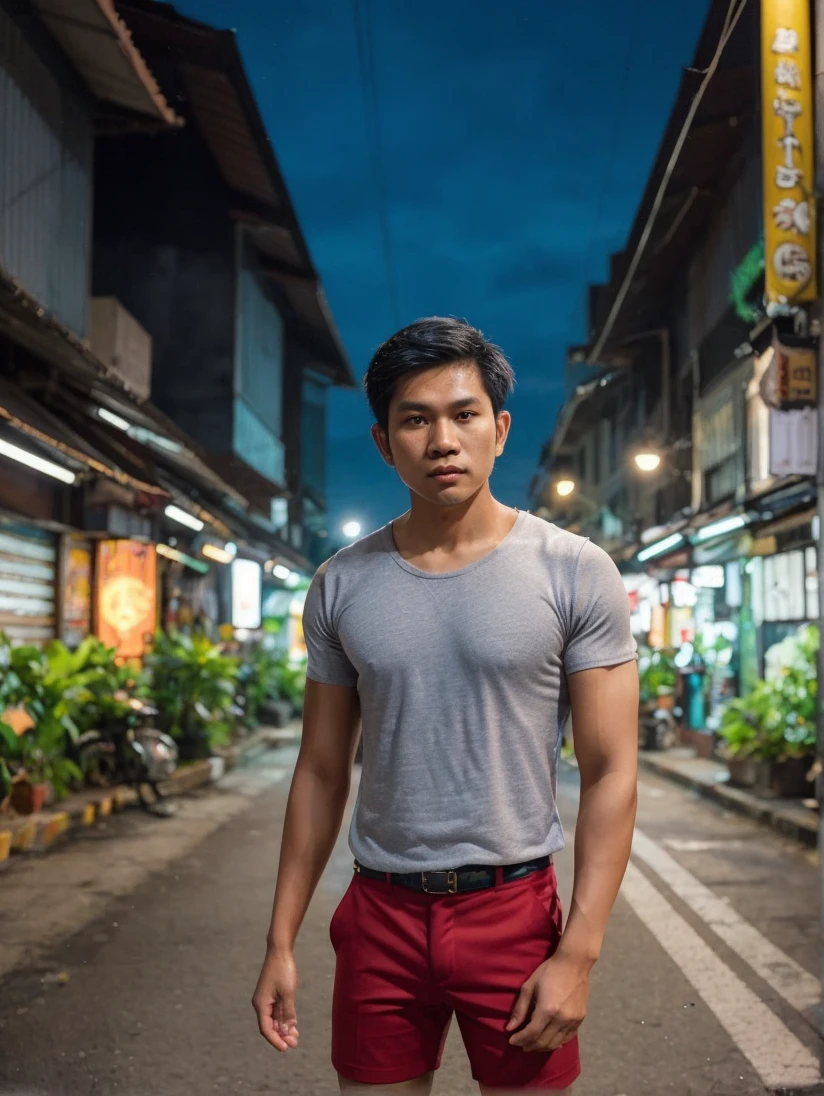A handsome Indonesian man wearing a short-sleeved singlet, standing in the middle of the city at night