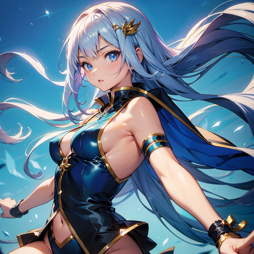 1girl、Dynamic composition、Magic wand、((Perspective Lens, A woman with white and light blue straight long hair, Dynamic poses with serious and mean expressions, 大きな長いMagic wandを構える両手 )) ((Pure Blue Background:1.2)),Anime Style、detailedな目、Perfect toned body shape、Looks like she's in her early 20s,Shooting in mid-motion,With her long braided hair fluttering. Her outfit reminds me of a fairy.,Black and blue color palette,Be playful、Super huge、detailed、whole body、