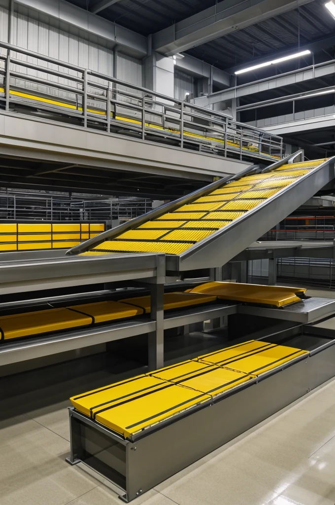 conveyor belt with metal boxes on top of it arranged like a small pyramid