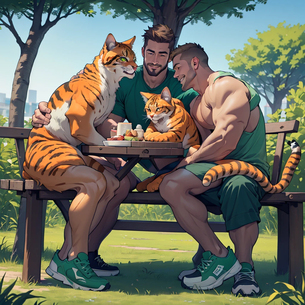 a man with a dark blond beard well groomed ,a dark blond hair stephen amell with orange cats , about 2 to 3 cats sitting near him, the man wearing( glasses, topless and hairy chest ,(dark green short ),(dark green shoes),in a park, the man sitting on a table cloth spread on the grass near him a picnic basket , high well detailed face fingers body parts focus, happy smile, happy cats, heart-warming sceme lot of cuddling , seen from the front to side