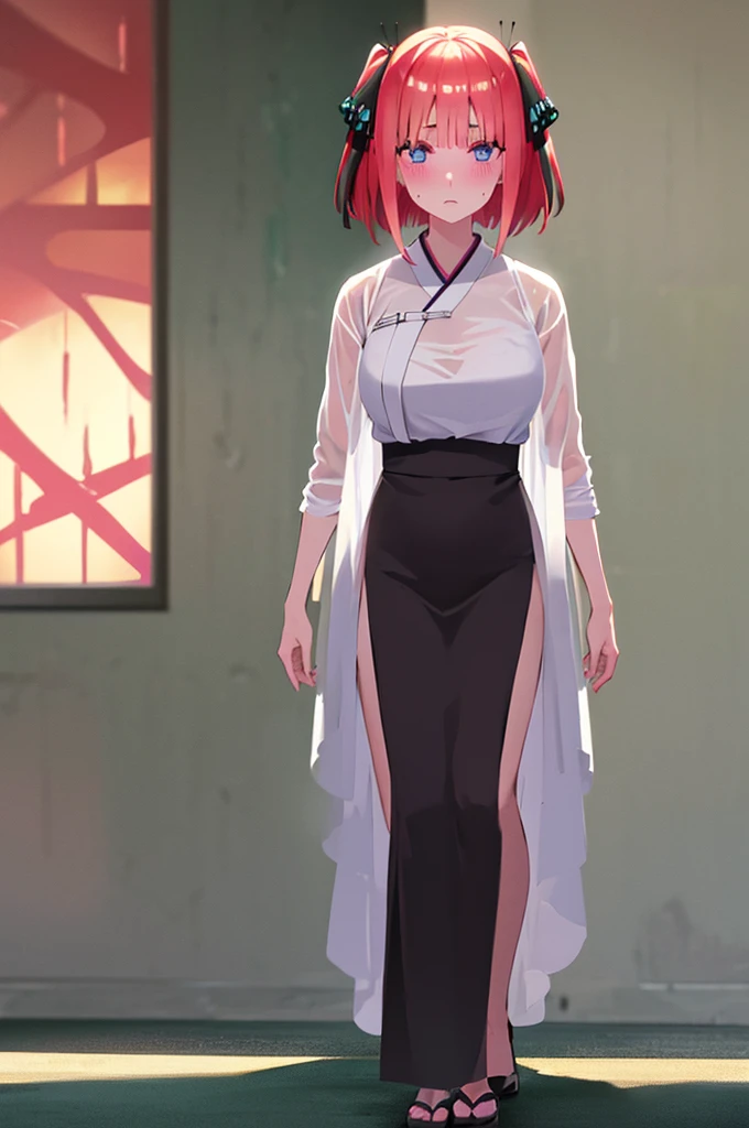 short hair, bangs, blue eyes, hair ornaments, Hair Ribbon, Pink Hair, blunt bangs, Both sides up, butterfly hair ornaments, skirt, No sleeve、、Random color see-through kunoichi costume、Japanese see-through female samurai costume、See-through female ninja costume,, Open clothes, Collared dress emphasizes cleavage、胸の谷間のSweat is noticeable、Professional lighting light reflection、 looking at viewer, (masterpiece:1.2), Highest quality, High resolution, unity 8k wallpaper, (figure:0.8), (Beautiful fine details:1.6), Highly detailed face, Perfect lighting, Highly detailed CG, (Perfect hands, Perfect Anatomy),heavy rain、heavy rainで全身びしょ濡れ、heavy rainで全身びしょ濡れの服、High heels、 ((Perfect handsの形))、(Perfect foot shape、Embarrassed expression blushing、、Gestures to seduce a man、Obscene pose、Shining Sweat、Perfect Skin,Sweat is noticeable、太もものSweat is noticeable、、 Fair skin,Tight waist, Sweating profusely、Sweaty hair、Sweaty clothes、Sweaty、Visible sweat、rain-wet hair、A vast Western church with stained glass windows