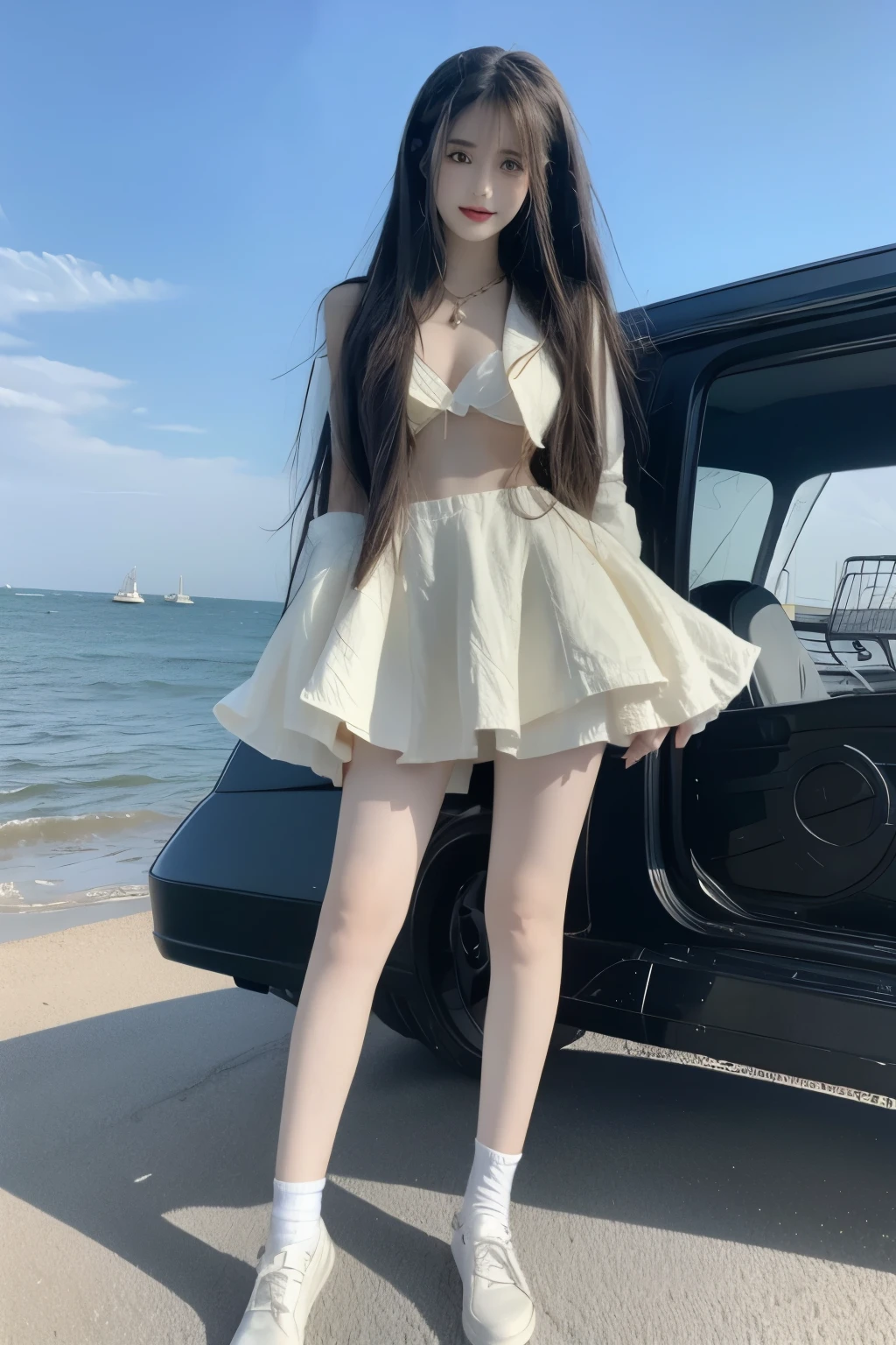 Beautiful woman with perfect body:1.4,Prominent cleavage,Layered Hairstyle,Highly detailed face and skin textures,Double eyelids,Skin Whitening,Long hair,Whitened long legs,(Uniforms,necklace),Standing by the sea,Half-length photo