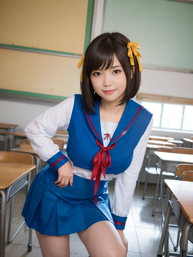 (alone:1.5),Light brown short-cut hair、Big Breasts:1.5、looking at the camera、A big smile、((((whole body))))、Top image quality、超A high resolution、(photographrealistic:1.4)、 AccentLighting, 8K, japanese, (Beautiful face: 1.1),(50 years old:1.3)、(photorealistic photos:1.2)、At 8K、haruhi_surfing, white long sleeve shirt and blue collar, micro mini skirt,blue skirt, red tie, yellow ribbon, pretty girl, classroom