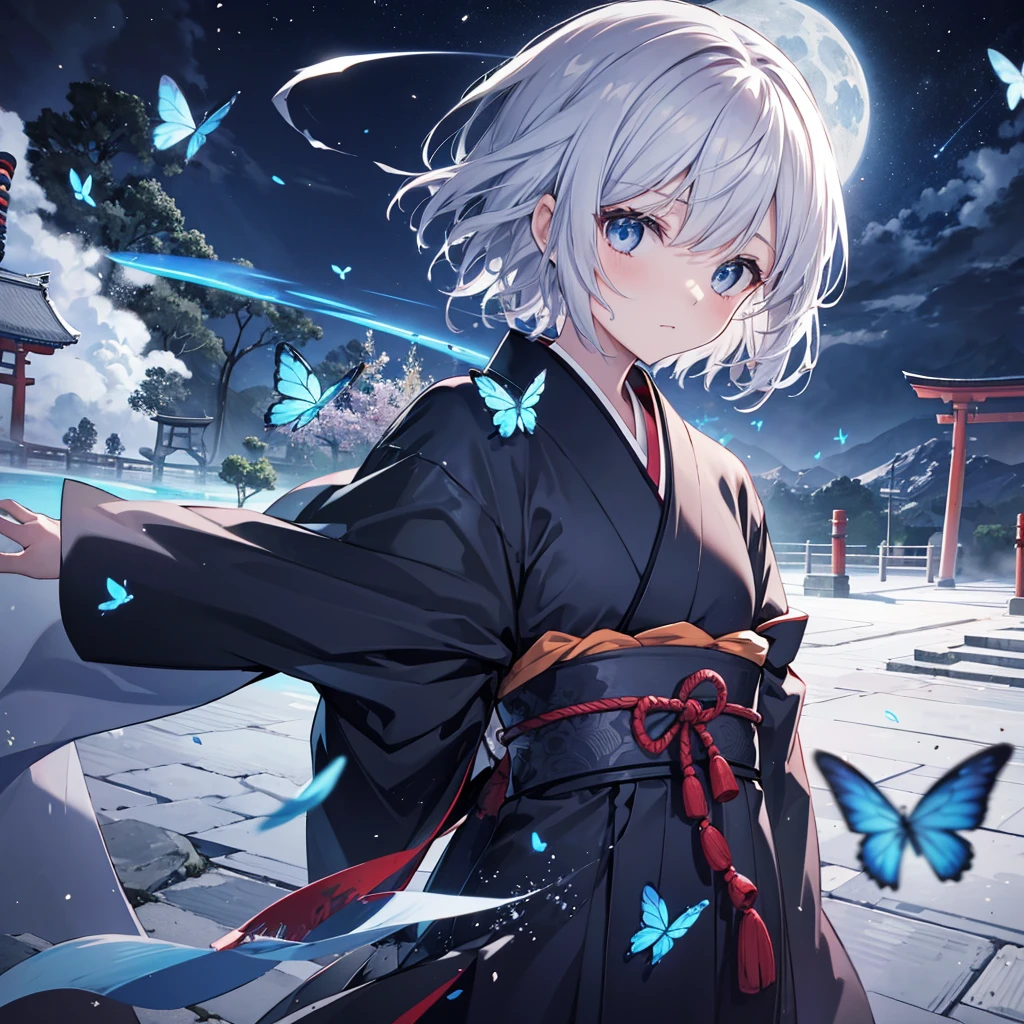 (((1 person))) ((High resolution Gray Hair short hair Black kimono Shoulder knifeを構える)) ((Black Band samurai Lonely despair blue eyes)) ((Blue Butterfly night Japanese style old Shining Aura garden shrine torii Catch the wind)) (dance 日本knife knife Slashing) moonlight star Draw your sword Shining Background Shining Edge