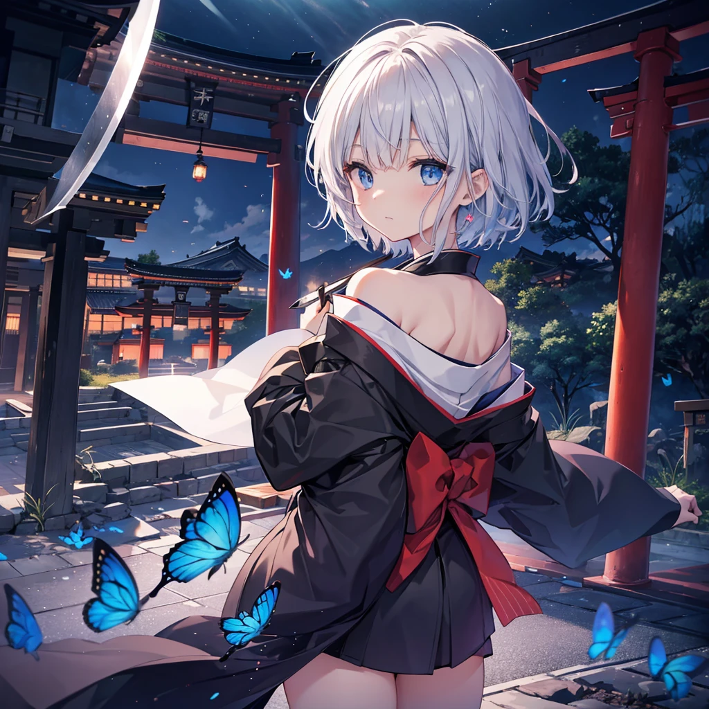 (((1 person))) ((High resolution Gray Hair short hair Black kimono Shoulder knifeを構える)) ((Black Band samurai Lonely despair blue eyes)) ((Blue Butterfly night Japanese style old Shining Aura garden shrine torii Catch the wind)) (dance 日本knife knife Slashing) moonlight star Draw your sword Shining Background Shining Edge