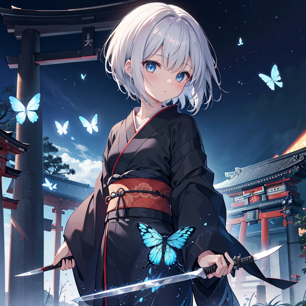 (((1 person)))　((High resolution　Gray Hair　short hair　Black kimono　Shoulder　knifeを構える))　((Black Band　samurai　Lonely　despair　blue eyes))　((Blue Butterfly　night　Japanese style　old　Shining Aura　garden　shrine　torii　Catch the wind))　(dance　日本knife　knife　Slashing)　moonlight　star　Draw your sword　Shining Background　Shining Edge