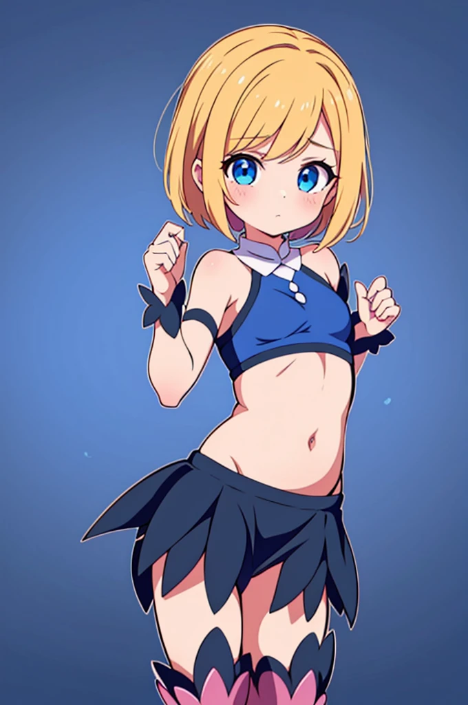 tomboyish magical girl, short blond hair styled in a boyish style, blue eyes, wearing a top that exposes her belly a short skirt and heels with thigh high socks all in a magical girl style, looking embaresed at the viewer while trying to hold her skirt down