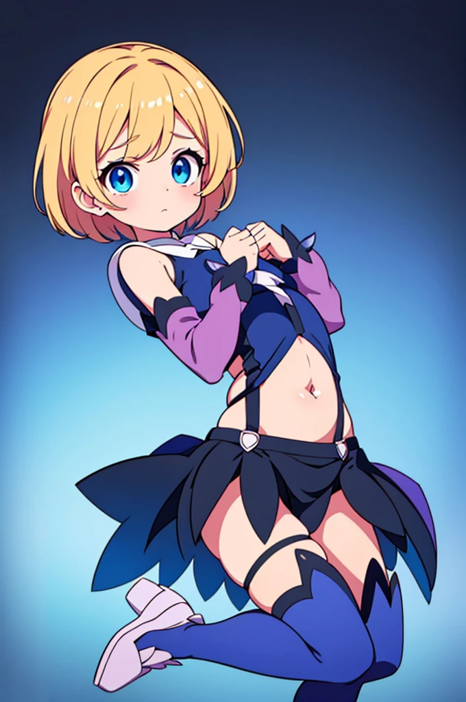 tomboyish magical girl, short blond hair styled in a boyish style, blue eyes, wearing a top that exposes her belly a short skirt and heels with thigh high socks all in a magical girl style, looking embaresed at the viewer while trying to hold her skirt down