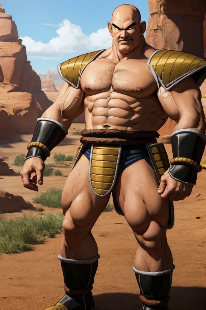 nappa, male focus, solo,cowboy shot, 1boy, bald, nipples, muscular male, abs,black vambraces, veins, pectorals, thighs, black eyes, topless male, mustache, ((micro-armor)) , tail around waist,  (best quality, masterpiece) , stripclub , full body , black boots