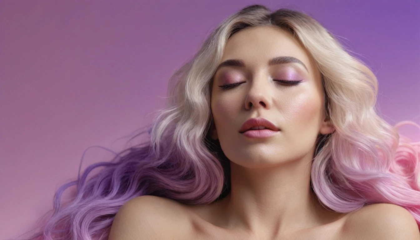 laptop in hands, squirting naked blackhair woman with long hair laying on bed, she holds laptop in her hands, open mouth, glowing with pink and purple colours, hair floating covering chest, wavy hair spread out, she is laying on her back, attractive neck, sensual woman, hands on face, laying on her back, pale skin curly blond hair, sensuality, fashion model face closed eyes, fashion model face, close up of a blonde woman, she is having orgasm, minimalistic, in a light purple and pink style, with soft edges and blurred details, in the toycore style, with a 3D render, on a colorful background, with a minimalist stage design, in a surreal style, with a cinema4D rendering, with a minimalist style, with low saturation, using gradient colors, with a cinema4D rendering, with a blender rendering, with super detail, at a super high resolution, at a super high definition