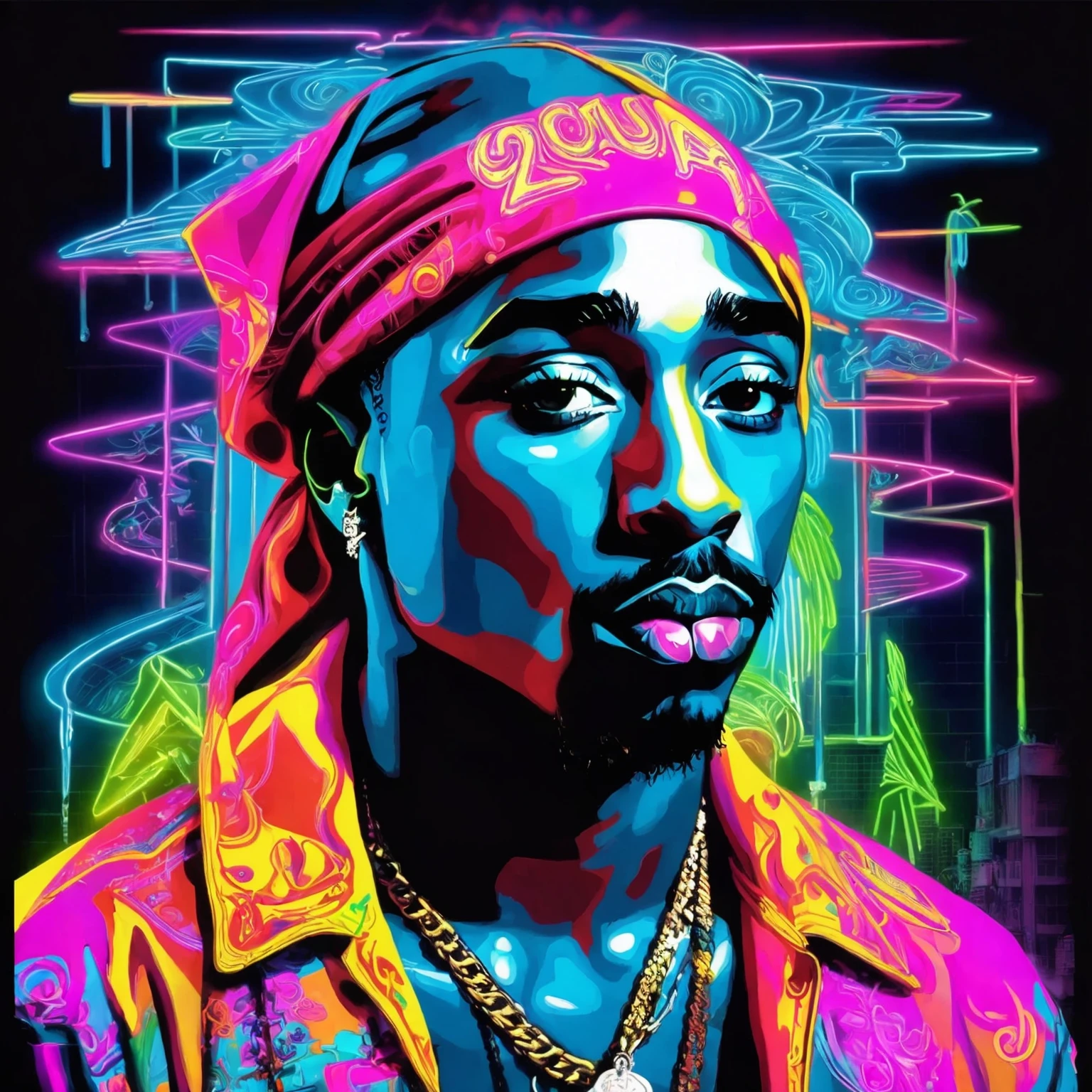 art surrealism Tupac Shakur neon