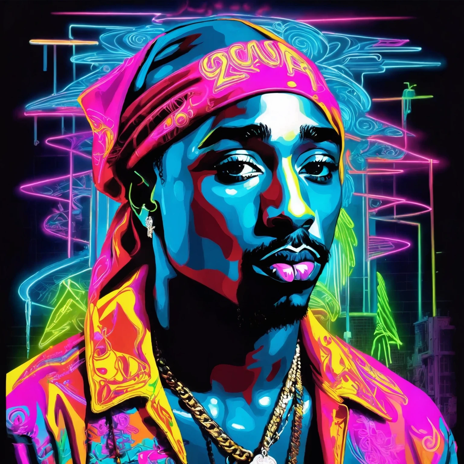 art surrealism Tupac Shakur neon