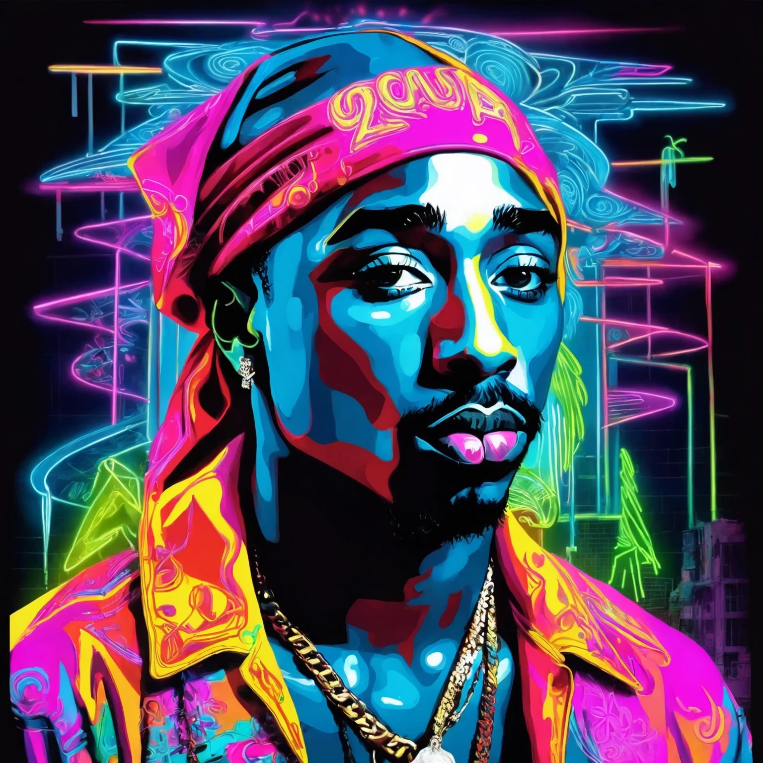 art surrealism Tupac Shakur neon
