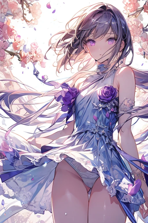 1 girl in, purple color  hair、Purplish pink eyes that dreamers desire, (Blonde hair) , small stature, Colossal tits, Lori, (masutepiece:1.2, Best Quality), (finely detailed beautiful eye: 1.2), (beautifull detailed face), (Best Illumination, extremely delicate and beautiful), ((Cinematic Light)), Dramatic light, (Pale white background:1.5), Short bob hair（1:3）、Ultra Contrast、Braid a little around the ears, clavicle, White long dress、only has 5 fingers、、Her pussy is visible through the white thong、Wet pants、You can see inside your underwear、full of sweat、mocking look、diaper、nffsw,Arms crossed、grab the arm、Shoot from below、The angle is as seen from below.、Best Quality、Large breastuscular pussy、Pubic hair,high-level image quality、hightquality、8K,perfect hand、5 fingers、finger pin、Perfect Finger、T back、Naked、noise cut、bullet hand、Her hair color should have been a brighter purple.The skirt part is also carefully expressed..、Purple skirt、the skirt is floating in the wind、Dark purple panties、Pubic hair majority