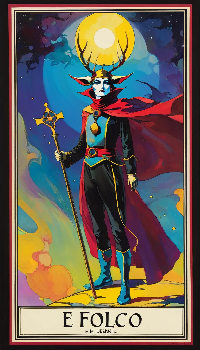 tarot card, the fool, tarot card frames ((text on card: "EL LOCO")) (art inspired by Bill Sienkiewicz). vivid colors, oil painting)