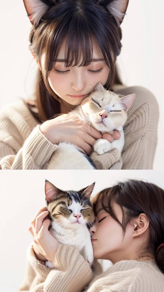 masterpiece, 4K, Bokeh, (cute:1.5), (beautiful girl:1.3), (Japanese Idols:1.6), (Cat ear:1.3) , (sweater:1.3),  (I like cats:1.6), Blushed,  (Holding a sleeping white cat:1.5), (Kiss the cat:1.3), (White Background :1.4), 