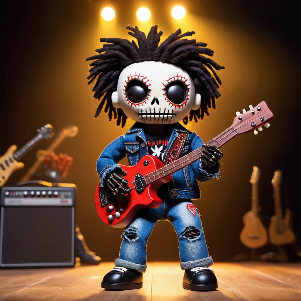 (knitted toy voodoo doll:1.2), (Voodoo Musician:1.3), (Clothes: Denim jacket, T-shirt with a rock band, guitar:1.0), (in the background: Stage at a concert, bright spotlights and fans in the hall:1.2), best quality, masterpiece, detailed soft oil painting, detailed background, dramatic cinematic lighting, soft edge lighting, professional, dramatic lighting, hard edge lighting, ultra quality, 4k, masterpiece, best quality, 8k, ultra high definition, high resolution, extremely detailed