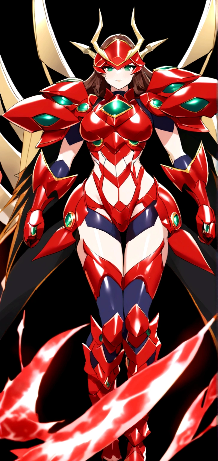 Design a futuristic and demonic armor with a shiny finish and deep red color. Armor must have emerald green details, especially in the chest and extremities, that stand out like high-tech lights. It incorporates black and pointed wings to give it an imposing appearance. The helmet should have golden horns and a sharp design. Armor must cover the body completely, with plates that fit perfectly to an athletic and powerful figure, highlighting angular and stylized details. Adds a red energy effect around the armor for an extra touch of supernatural power. 1girl, brown_hair